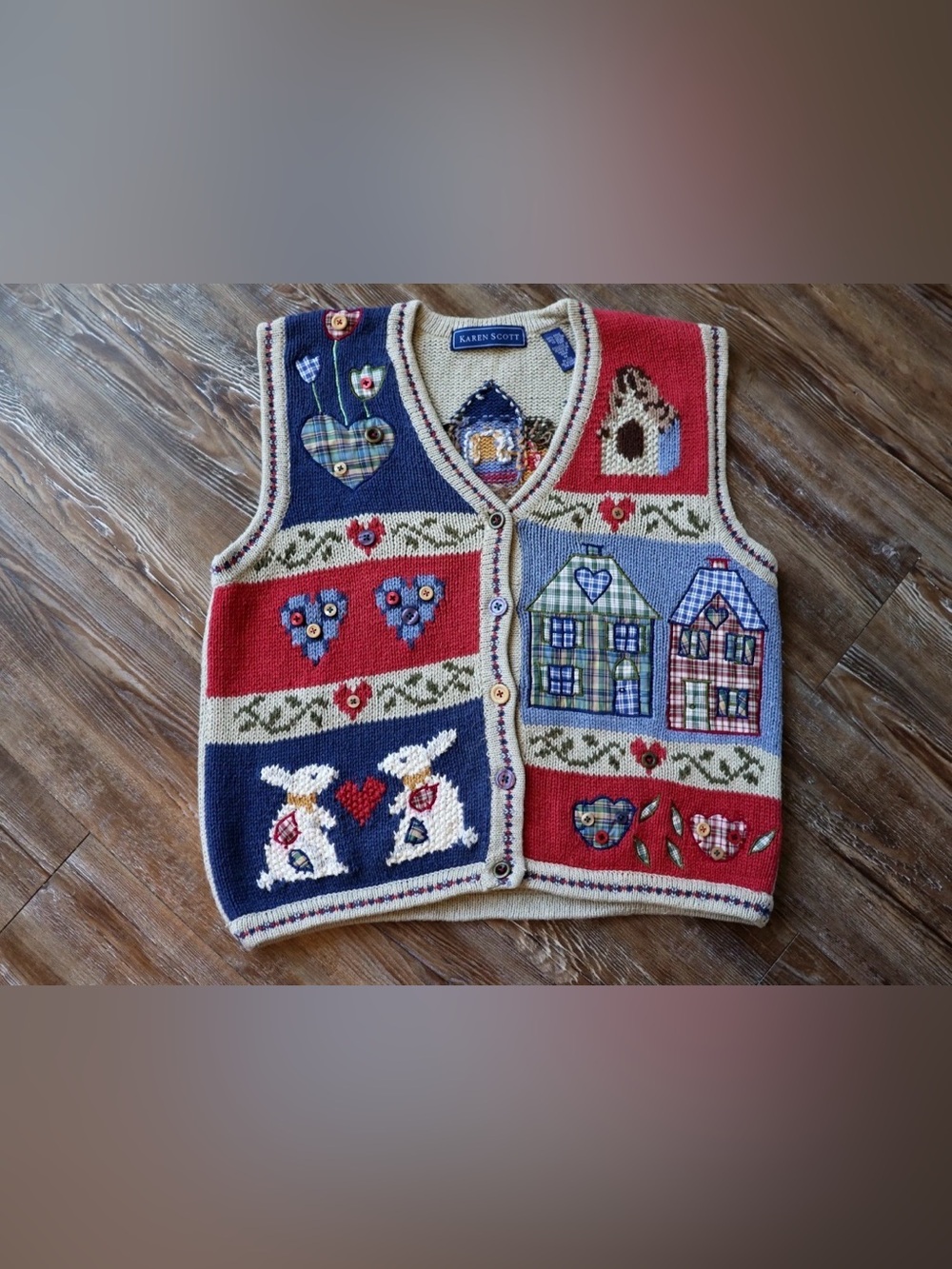 Vintage Karen Scott House Bunny Applique Sweater Vest Cottagecore Granny Women M